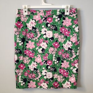 J. Crew Green and Pink Floral Stretch Pencil Knee Skirt S 6